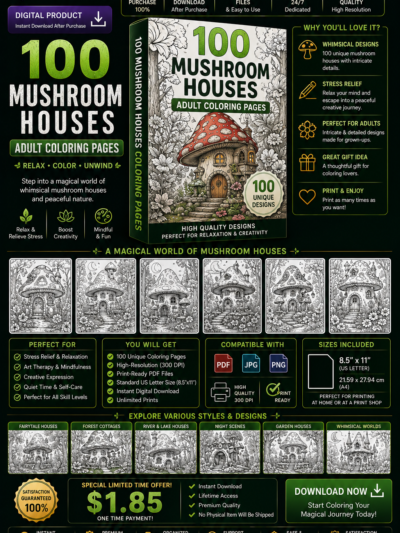 100 Mushroom Houses Adult Coloring Pages